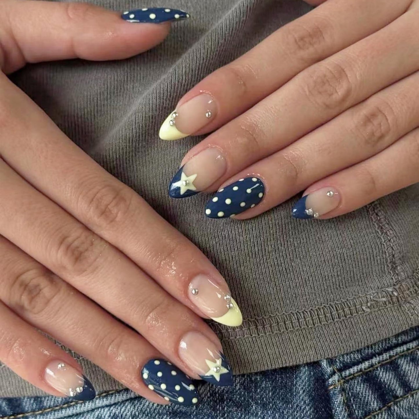 octoswave Press on Nails Long Almond Shape Star and Polka Dot Design Celestial Navy Blue French Tip False Nails for Women Party and Prom Night 24 Pcs