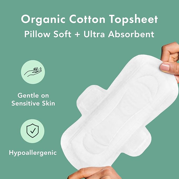 Rael Organic Cotton Cover Pads - Regular Absorbency, Unscented, Ultra Thin Pads with Wings for Women (56 Total)