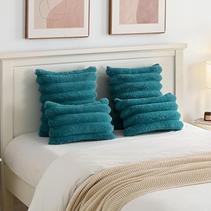 FUTEI Teal Decorative Throw Pillow Covers 16x16 Inch Set of 2, Square Soft Faux Rabbit Fur Thick Striped Cushion Cover,Winter Home Decor for Couch Bed Living Room