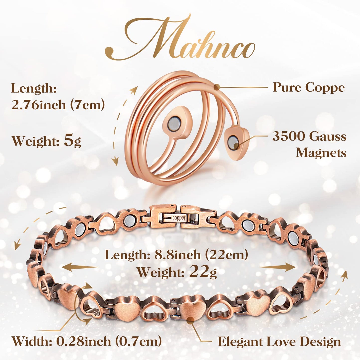 Magnetic Copper Bracelets for Women Lymph Detox Magnetic Bracelets, 100% Solid Pure Copper Bracelet with 3500 Gauss Magnets & Lymphatic Drainage Ring with Adjustment Tool