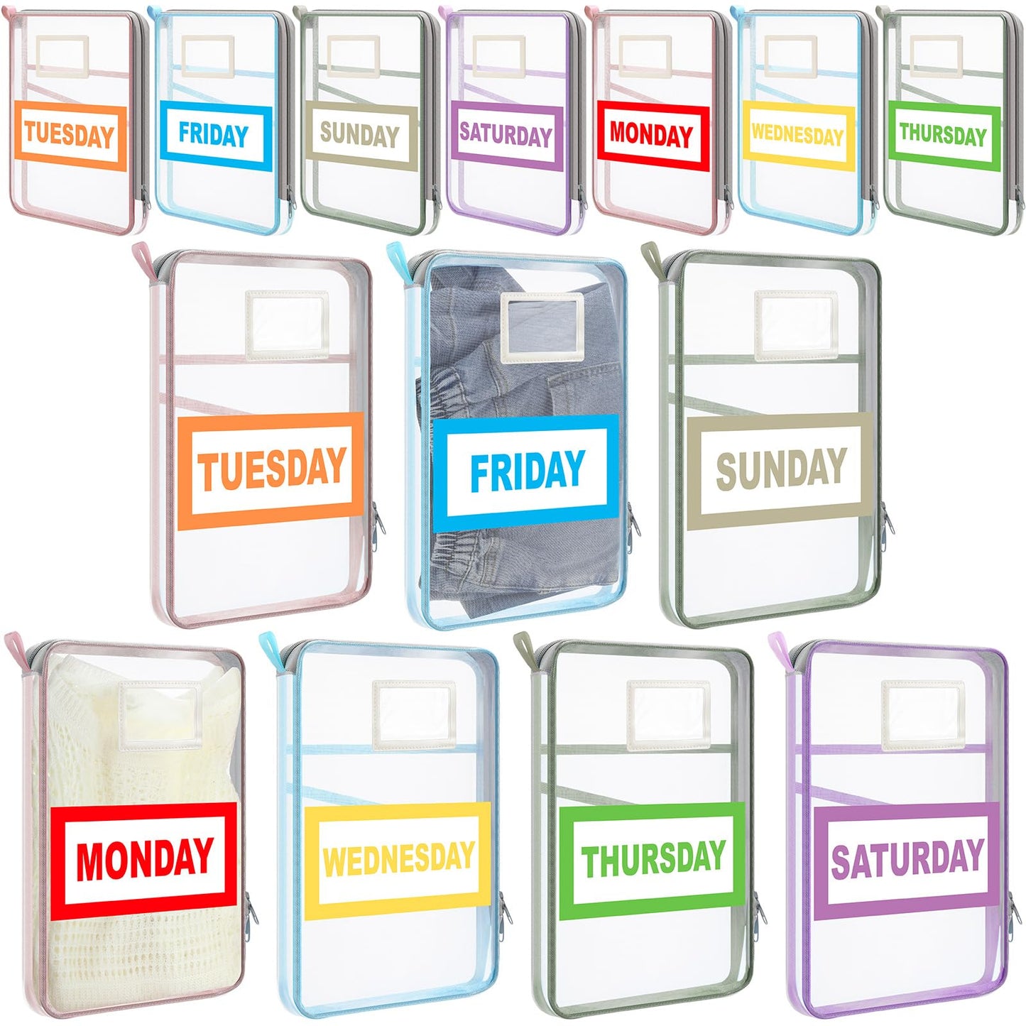 Honoson 14 Pack Packing Cubes for Travel Days of Week Packing Cubes with Labels Clear Zippered Storage Bag for Travel Summer Camp Essentials