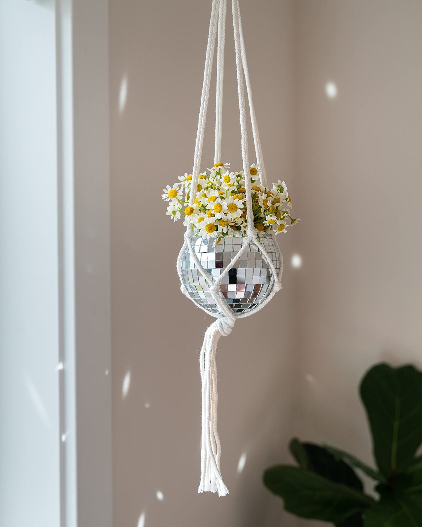 Havenstone Home Hanging Disco Ball Planter 8" - with Acrylic Stand and Macrame Plant Hanger - Home Décor, Room Décor, Patio or Boho Décor, Mirror Disco Planter, Disco Decor (4" Mini with Base)