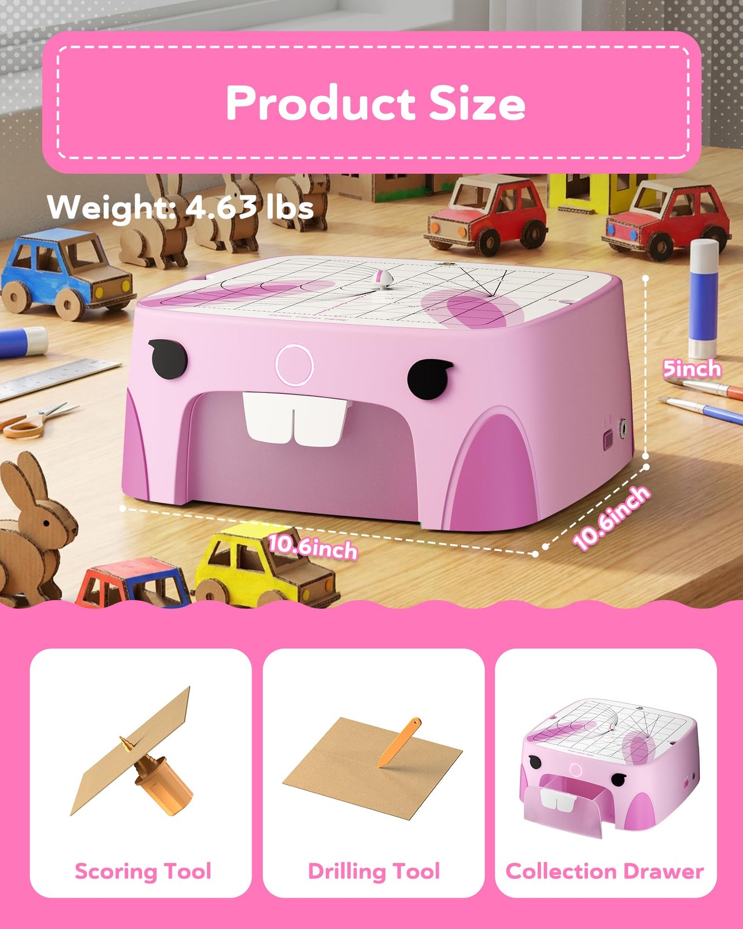 BeaverBot Rabbit Kids Cardboard Cutter for Ages 3+, Safe Bladeless Power Tool for Cardboard Crafts, DIY STEM & STEAM Educational Construction Kit, Creative Upcycling Gift Toy for Boys & Girls