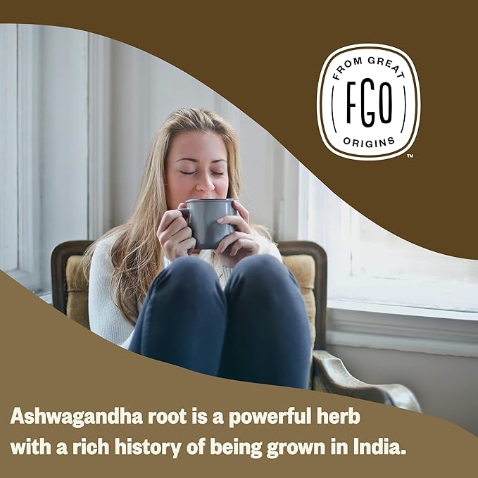 FGO Organic Ashwagandha Tea, 100 Count, Eco-Conscious Herbal Tea Bags, Resealable Bag, Caffeine Free, Packaging May Vary (Pack of 1)
