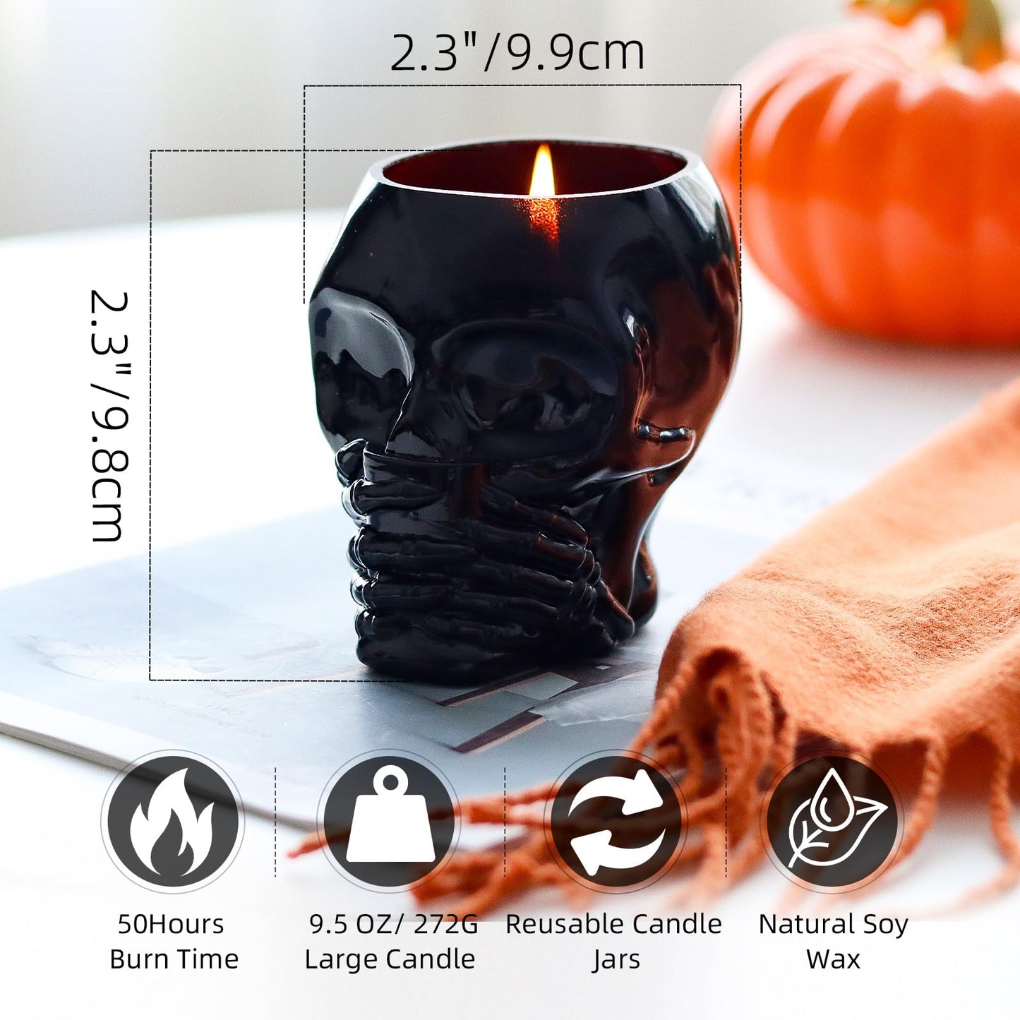 Skull Candle, Halloween Pumpkin Scented Candle 9.5OZ, Horrible Spooky Skeleton Head, Gothic Decor, Indoor Outdoor Halloween Table Centerpiece Decoration, Black
