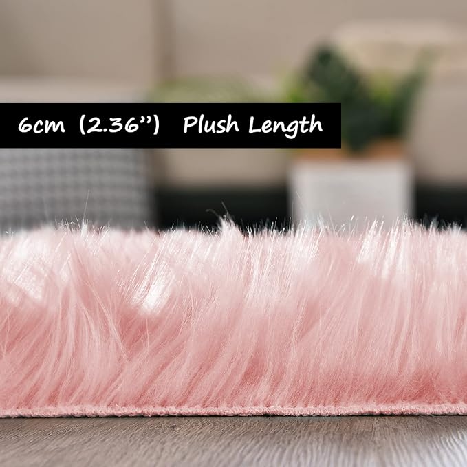 Goolela Pink Fluffy Fuzzy Furry Runner Rug 2X6 Light Pink Faux Sheepskin Fur Rug for Girls Bedroom Bedside Rug Plush Shaggy Washable Rectangle