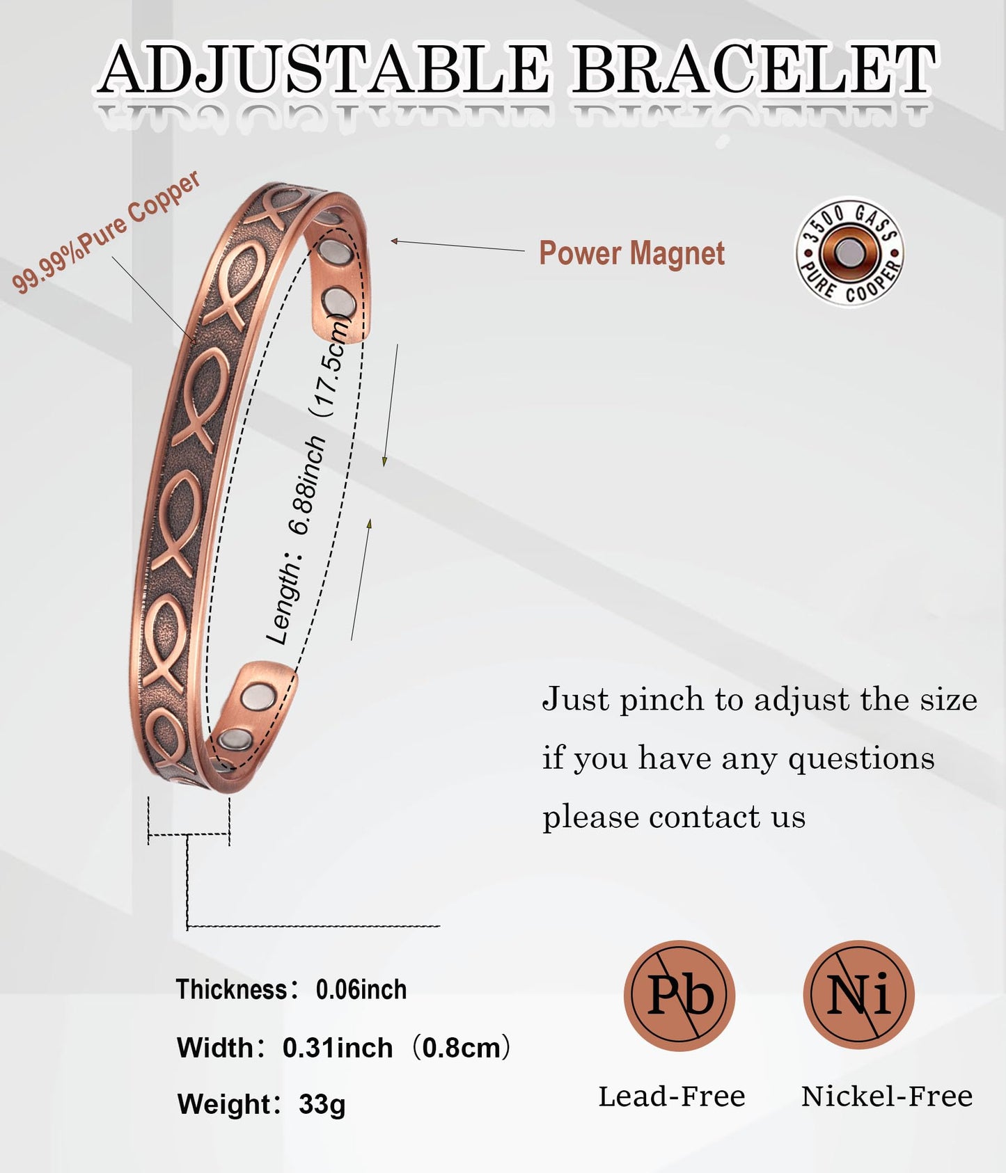 UtenoTureH Magnetic Copper Bracelet for Women for Arthritis, Pure Copper Adjustable Bracelets with 3500 Gauss Magnet ((C003))