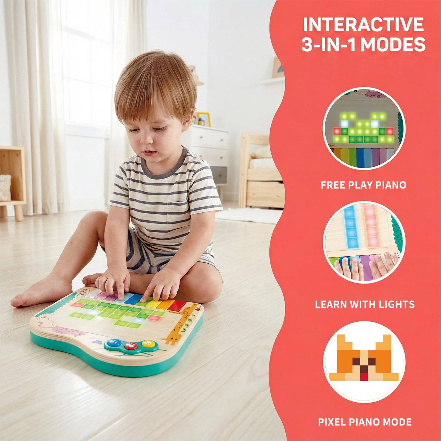 Hape Dynamic Pixel Piano - 3-in-1 Interactive Wooden Piano Toy for Toddlers Age 1-6, Musical Sensory Toy with LED Pixel Art Screen, Guided Melodies & Animal Sounds, Early Learning Educational Gift