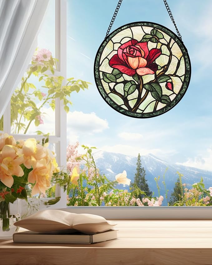 Stained Glass Window Hanging, Red Rose Flowers Sun Catcher for Door Garden Home Decor Suncatcher Christmas Mother's Day Birthday Gifts for Women Lovers Men Wife Girlfriend Mom Nana 15 in