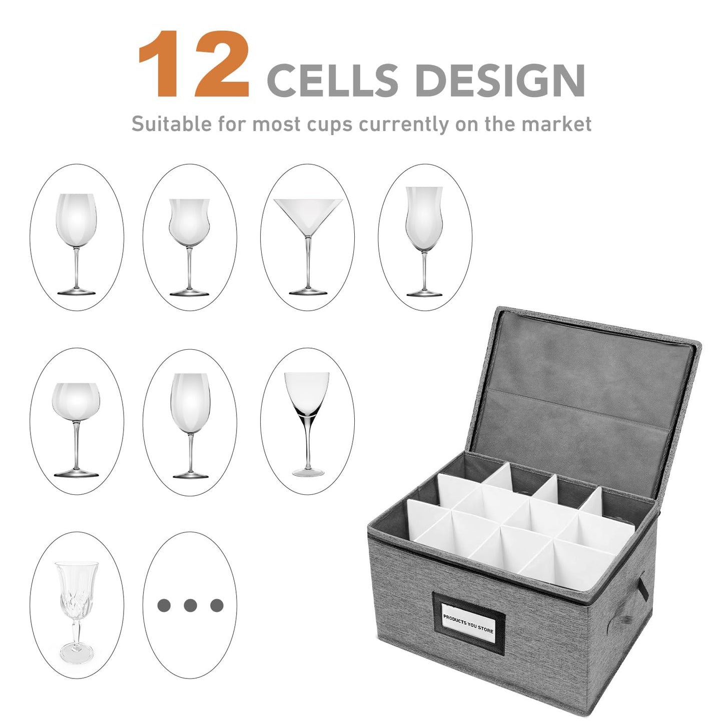 HURZMORO Wine Glass Storage Box with Dividers – Durable Oxford Fabric Stemware Case for 12 Highball Glasses,Stackable & Portable Wine Glass Storage Box with Handles & Zipper for Safe Moving (2-Pack)