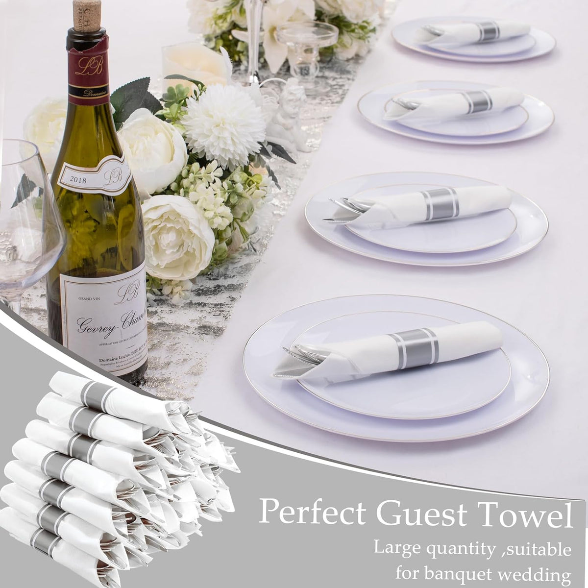 Supernal 120pack Silver Plastic Silverware,Rolled Plastic Silverware,Pre Rolled Napkins with Cutlery Set,Wrapped Disposable Cutlery Set with Napkin Perfect for Christmas Thanksgiving Halloween Party