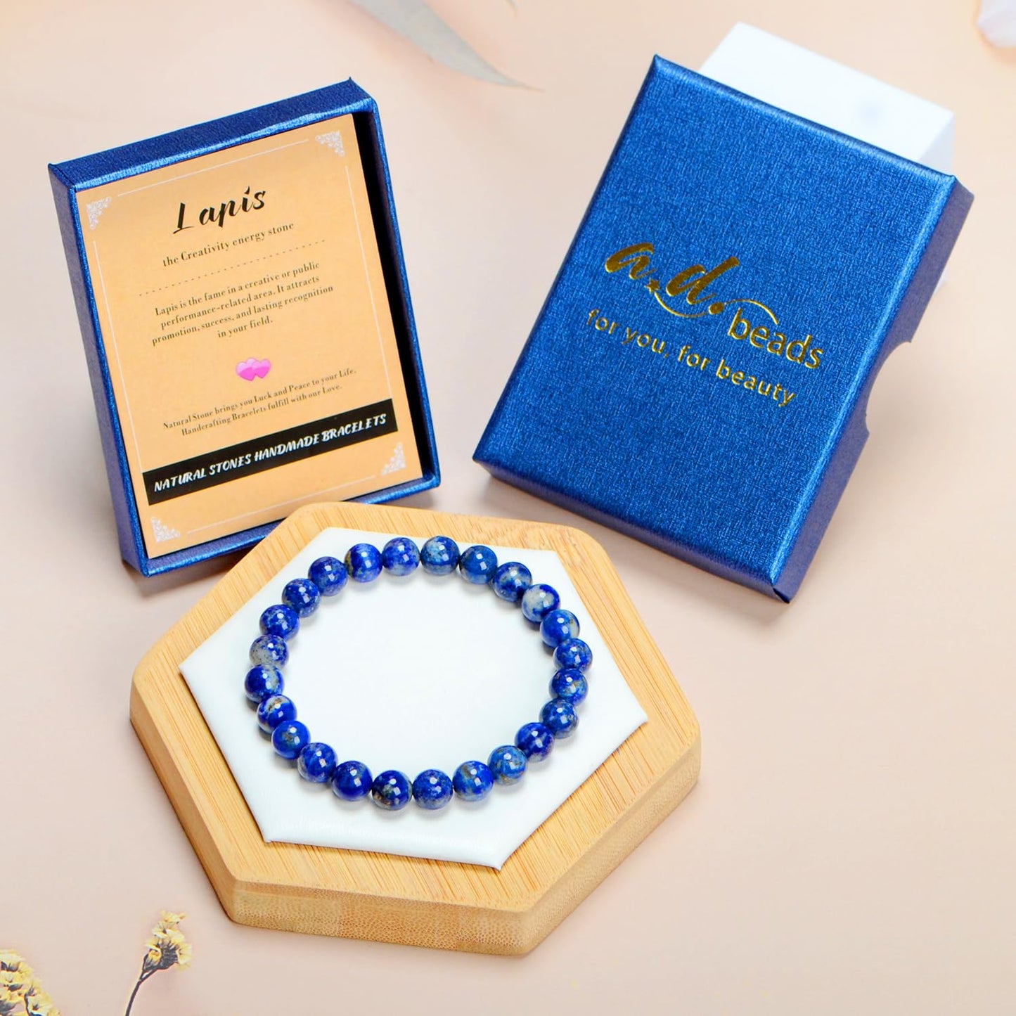 AD Beads Handmade Gemstone Stretch Elastic Bracelet Crystal Healing Reiki Nature's Beauty and Spiritual Essence Unisex (8mm, Lapis Lazuli)