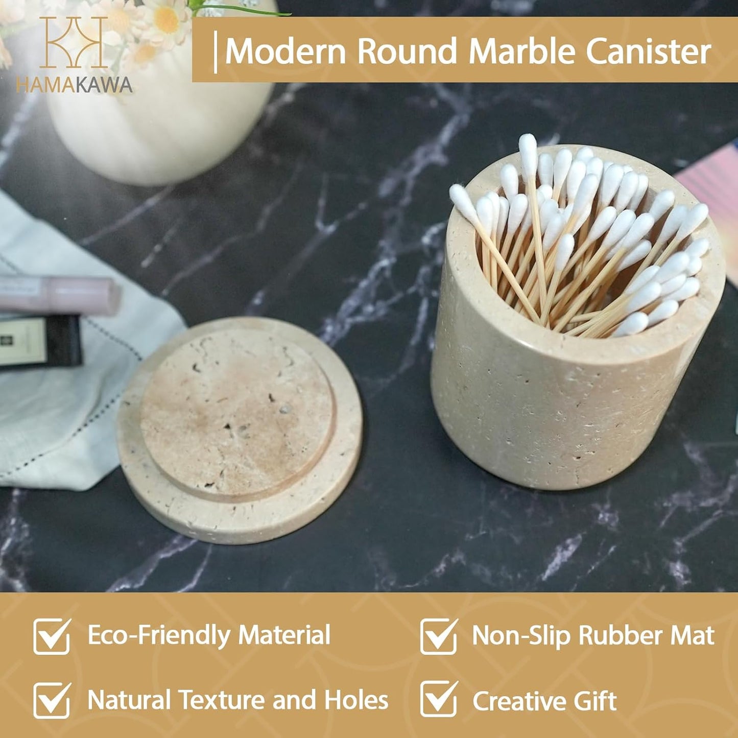 Qtip Holder With Marble cover, Beige Travertine Cotton Swab Jars 4 Inch, Modern Round Marble Canister, Small Apothecary Storage Jars for Bathroom, Bedroom, Vanity, Kitchen Cabinet