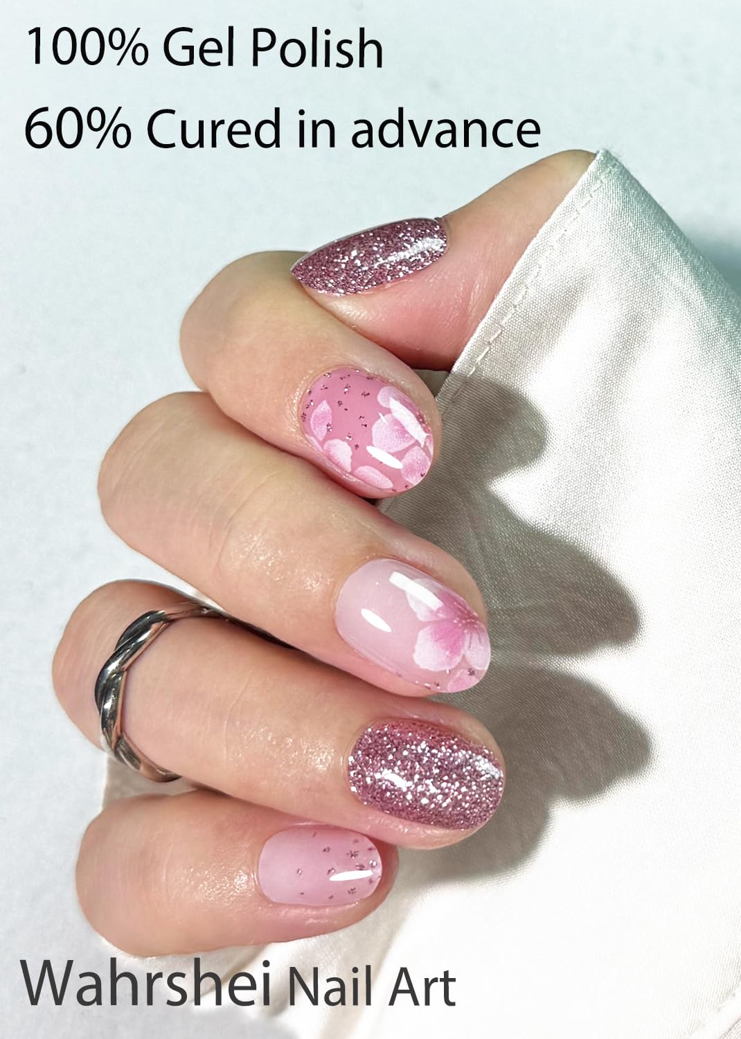 UV Gel Nail Stickers, Spring, Pink Sakura 20pcs Semi Cured Gel Nail Strips, Wraps for Home Manicure DIY