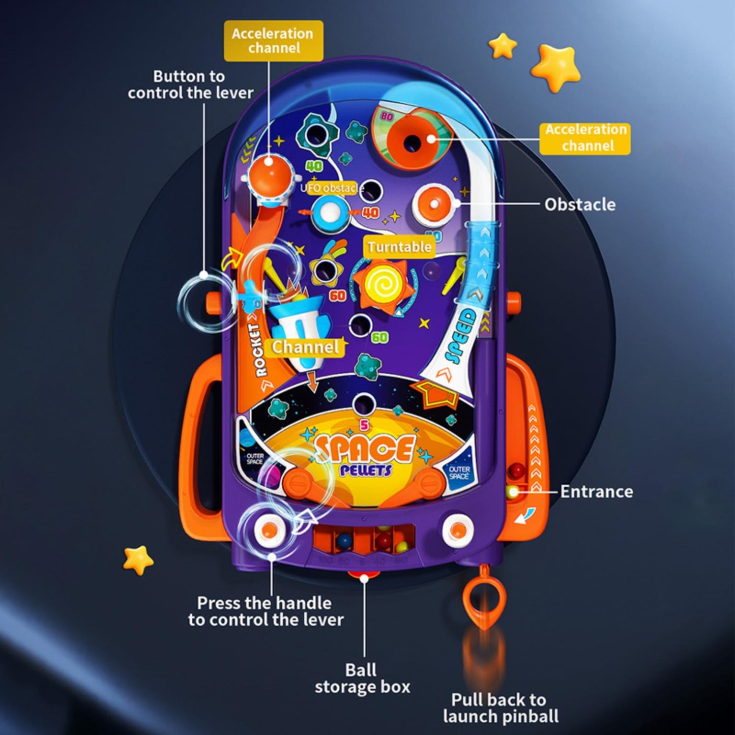 OLEOCA Tabletop Pinball Machine - Space Mini Arcade Game with Sound & Light, Pull-Back Launcher, Flippers, Carry Handle, Suction Cup Feet, Games for Kids Ages 3+