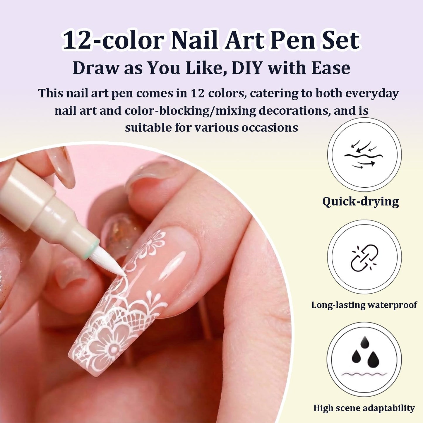 12 Colors Nail Art Pens Set, 0.7MM Quick-dry Nail Art Markers, Multi Purpose Acrylic Paint Pens Kit for Drawing & Home Salon Nail DIY