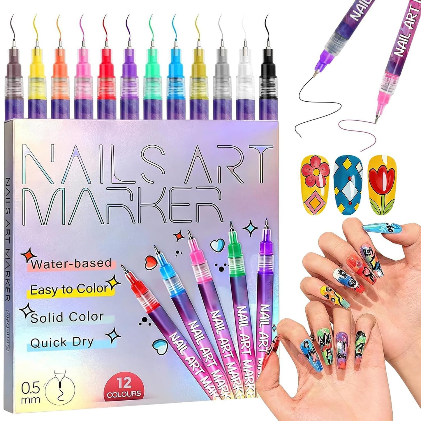 Nail Art Pens Set 12Colors, 0.5mm Fine Tip 3D Acrylic Polish Pen, Waterproof Quick-Drying Dotting Graffiti Drawing Liner Brush, DIY Nail Art Design Manicure Tools for Beginners Women Home Salon Use