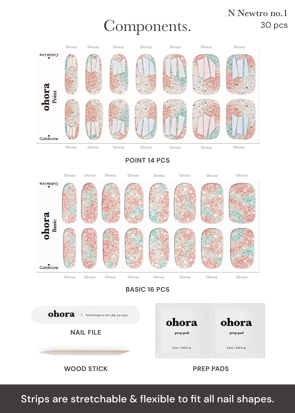 ohora Semi Cured Gel Nail Strips (N Newtro no.1) - White, Metallic, Works with Any UV/LED Lamps, Salon-Quality, Long Lasting, Easy to Apply & Remove - Includes 2 Prep Pads, Nail File & Wooden Stick