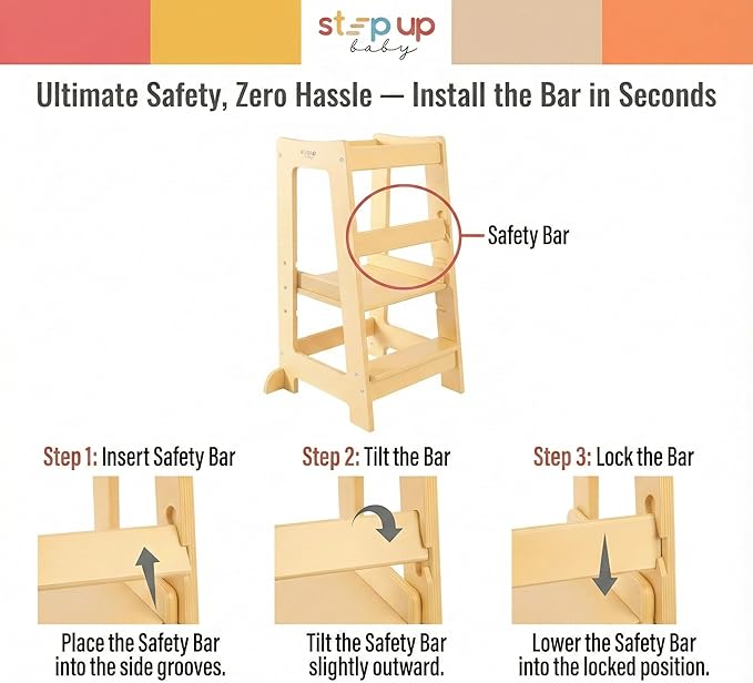 Stepup Baby Toddler Step Stool - Adjustable Height Kids Helper Step Stool, Durable, Non-Slip Platform for Bathroom Sink & Kitchen Counter, Toddler Tower for Exploration and Growth - Natural