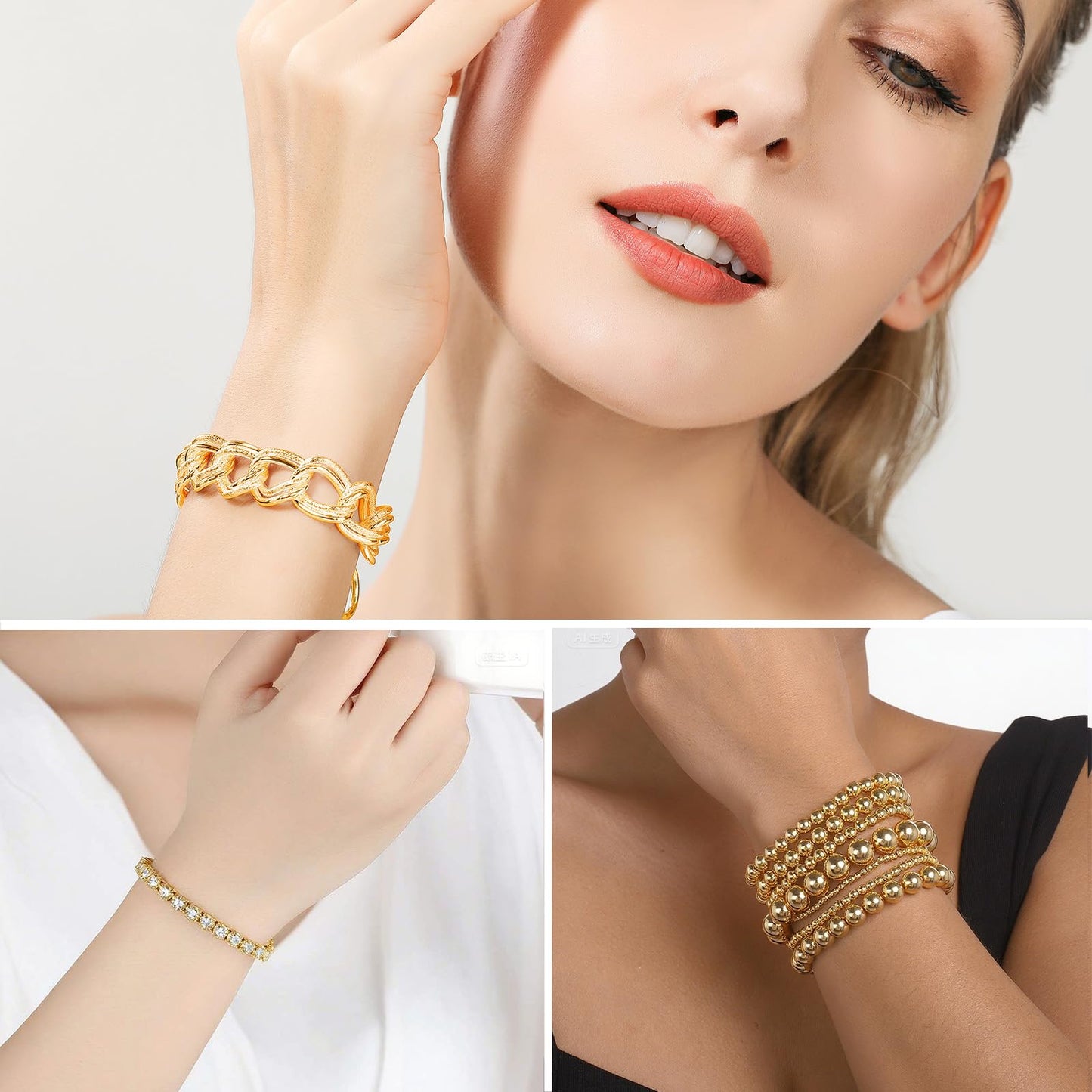 IFKM 6 PACK (28 PCS) Gold Chain Bracelets Set for Women, 14K Gold Plated Multiple Layered Stackable Open Cuff Bangle Bracelet Anklet Adjustable Link Tennis Beads Italian Cuban Jewelry for Women Gift