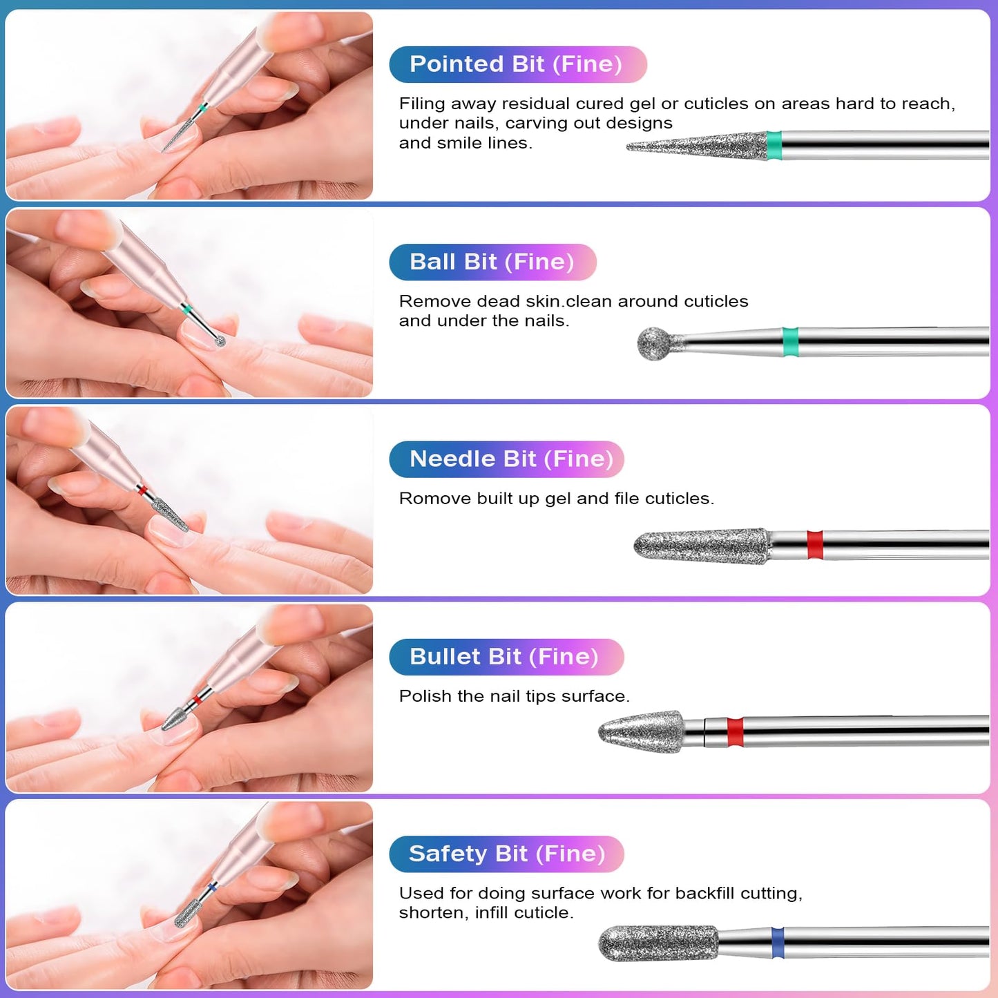 Cellentool 25Pcs Nail Drill Bits Set, 3/32 Inch Tungsten Ceramic Diamond Carbide Nail Drill Bits for Acrylic Gel Polish, Cuticle Efile Remover for Manicure Pedicure