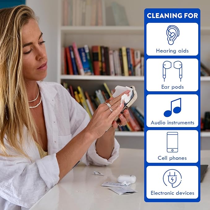 Audio Wipes For Hearing Aids - 100 Pcs, Alcohol-Free, Individually Packaged Cleaning Towelette - Removes Earwax, Dirt and Sweat - For Rubber, Plastic, Silicone & Acrylic
