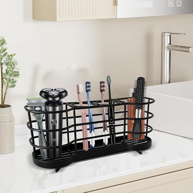 Wall Mount Toothbrush Holder for Shower Stainless Steel Toothbrush Stand, Self-Adhesive Wallmount/Countertop 4 Slots Bathroom Accessories Organizer (Black)