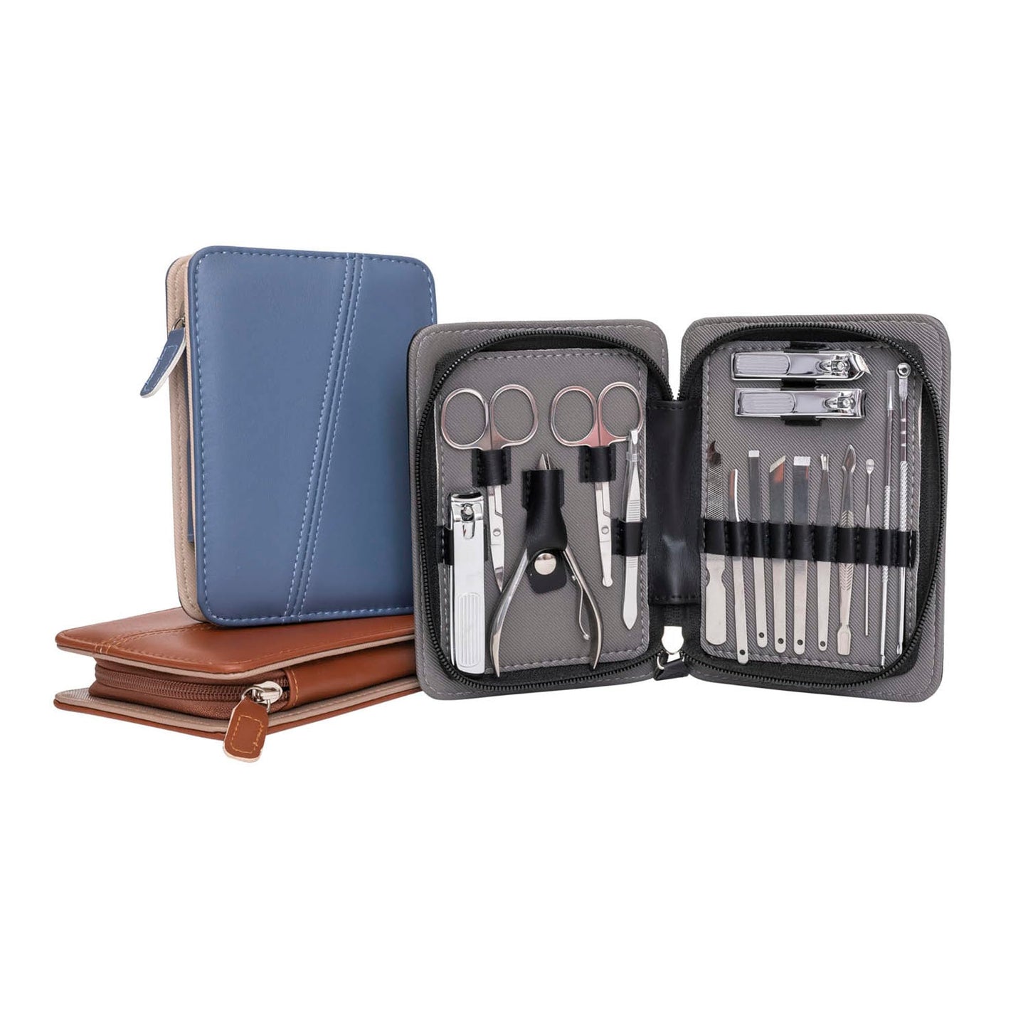 Pro MAN-I PEDI 17-Piece Manicure Pedicure Grooming Kit for Men Professional Stainless Steel Nail Clippers, Cuticle Tools & Scissors Set with Portable Brown Travel Case