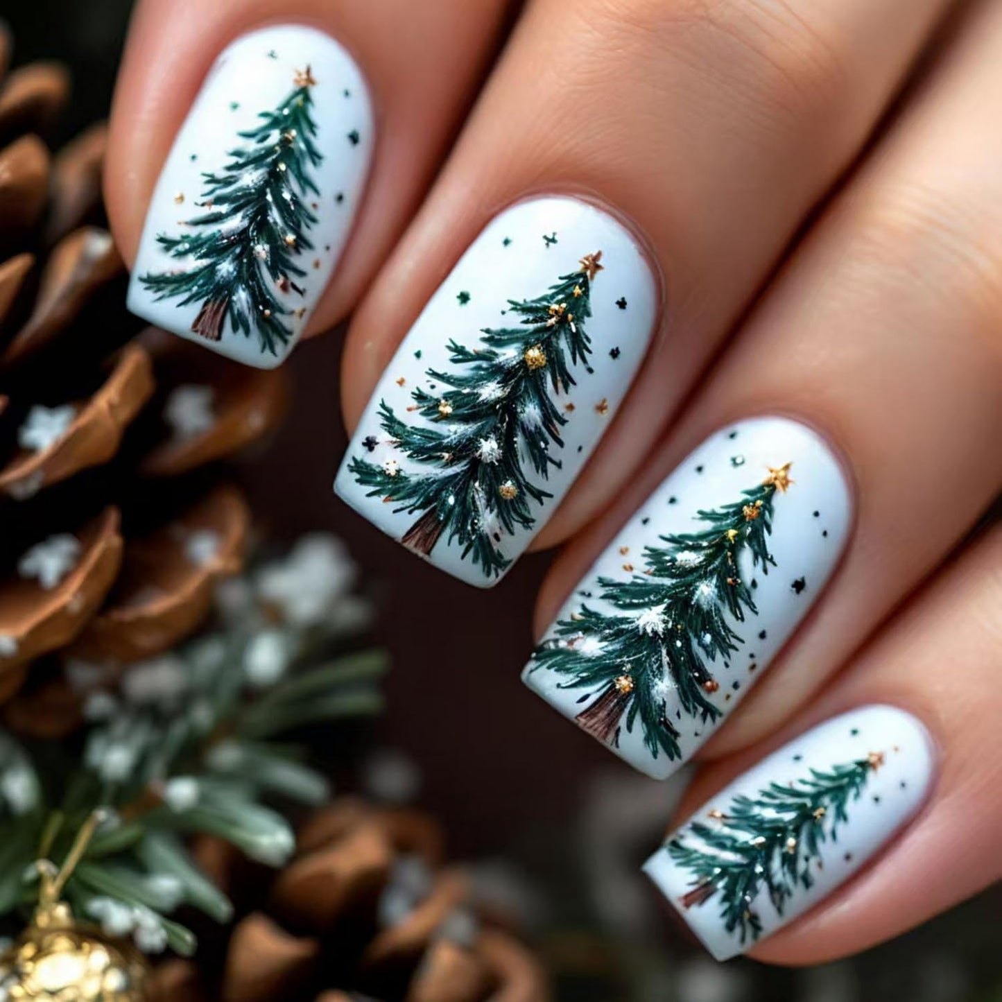 Christmas Press on Nails Medium Square Snowflake Fake Nails 3D Winter Pine Tree Designs Full Cover Acrylic Artificial Nails for Women Manicure Decoration 24 Pcs