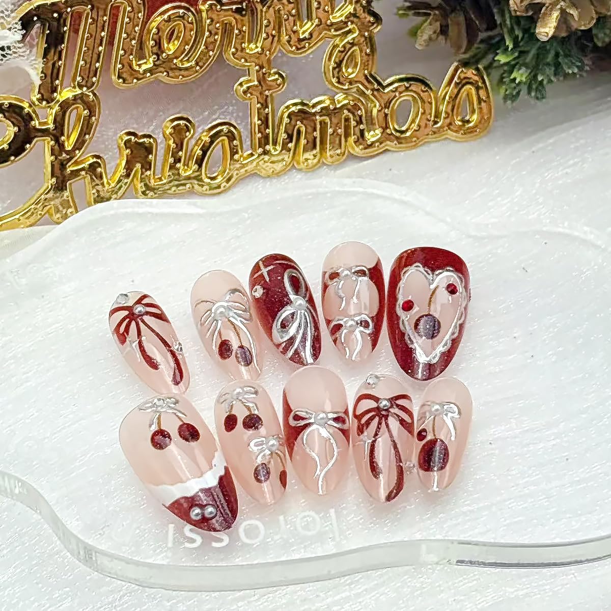 30Pcs Cherry Press on Nails Medium Almond Fake Nails Red French Tip False Nails with 3D Cherry Pearl Gems Design Silvering Bow Star Glue on Nails Full Cover Artificial Stick on Nail for Women Manicure