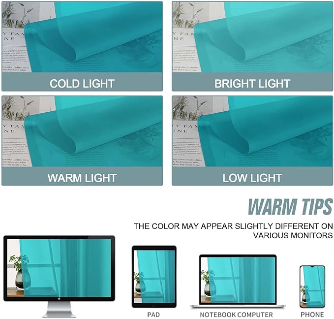 Turquoise Small Sheer Curtains 2 Panels Set, Kitchen Curtains 36 Inch Length, Elegant Light Filtering Short Window Drapes for Living Room Bedroom, Dual Rod Pocket Design, 2x42Wx36L Inches