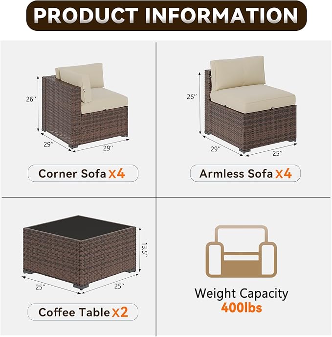 Aoxun Patio Furniture Sets, 10-Piece Outdoor Patio Furniture with Thick Cushions, Wicker Outdoor Conversation Set Sectional Sofa for Backyard, Poolside, Garden