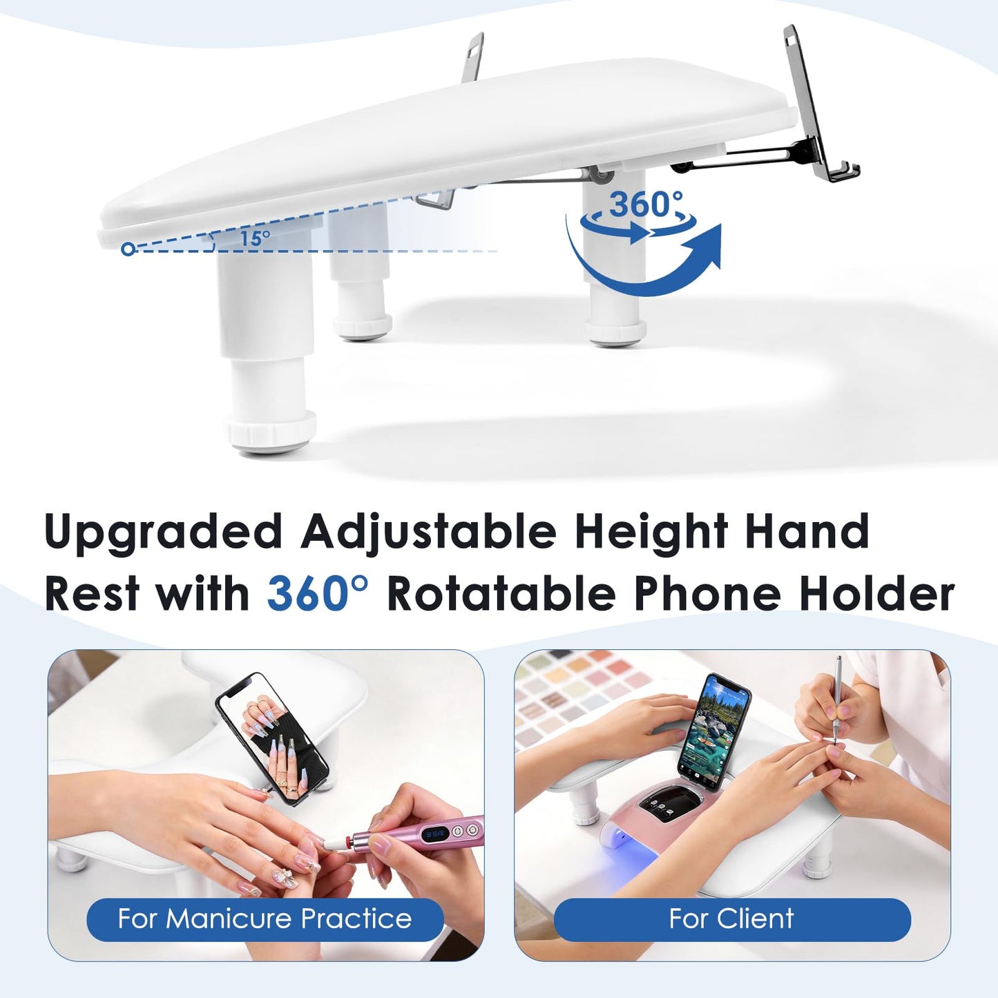 LIONVISON Arm Rest for Nails Tech: U Shaped Adjustable Height Ergonomic Nail Hand Rest Stand PU Leather with Rotating Phone Holder for Nail Salon Manicurist (White)