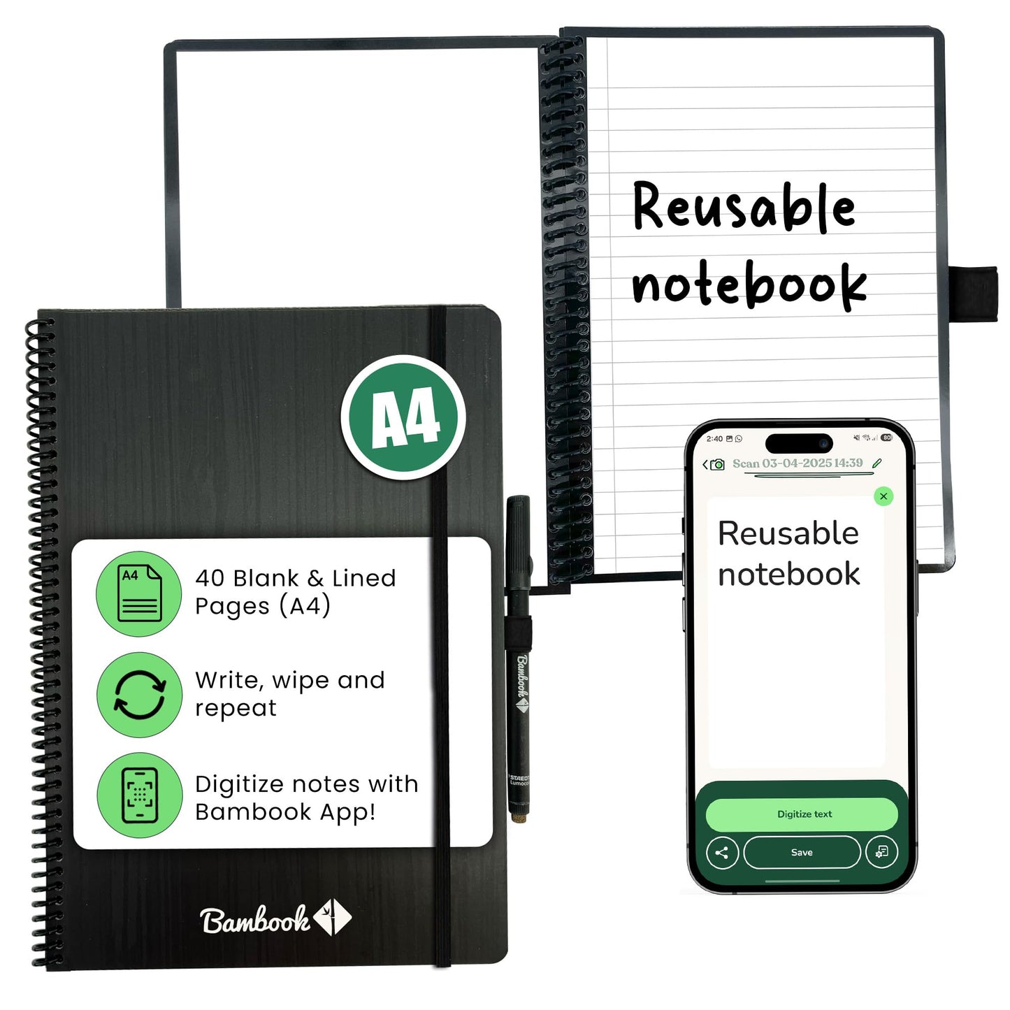 Bambook Classic Notebook Original - A4 - Blank & Lined, Reusable Notebook, Notepad, Reusable Notebook