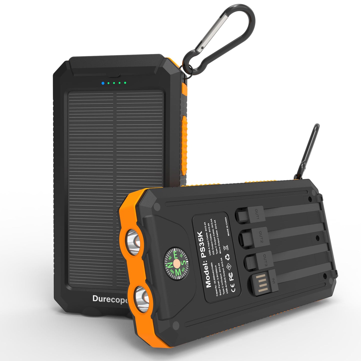 Durecopow Solar Charger Power Bank 20,000mAh, Portable Charger, 4 Cables 3 Ports Fast Charging External Battery Pack with USB C for Cell Phones, Solar Panel Charger with Dual Flashlight for Camping