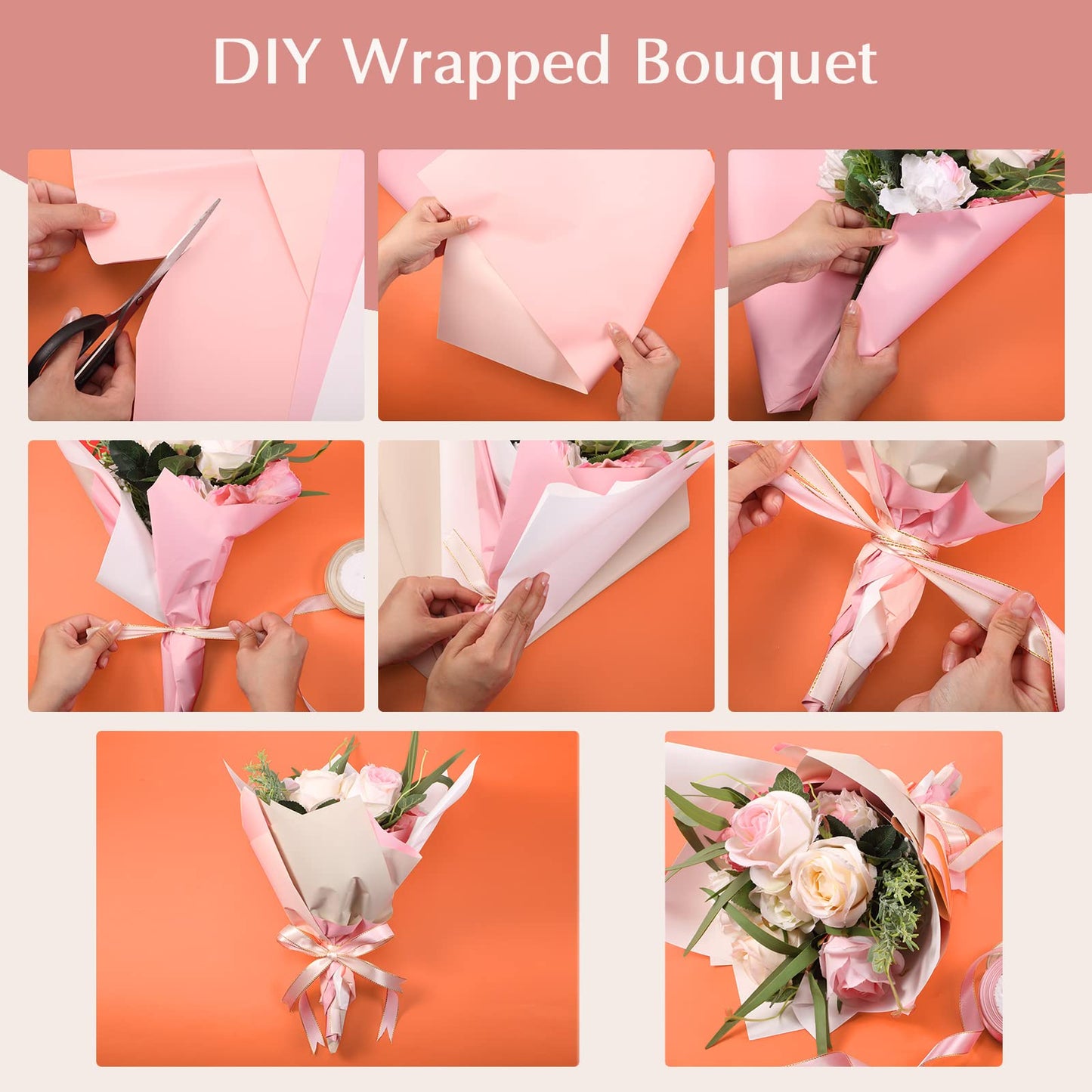 Gersoniel 36 Sheets Double Sided Waterproof Bouquet Wrapping Paper with 2 Rolls Satin Ribbon for Wedding Mother's Day 2026 Graduation Birthday DIY Flower Packing(Pink Series)