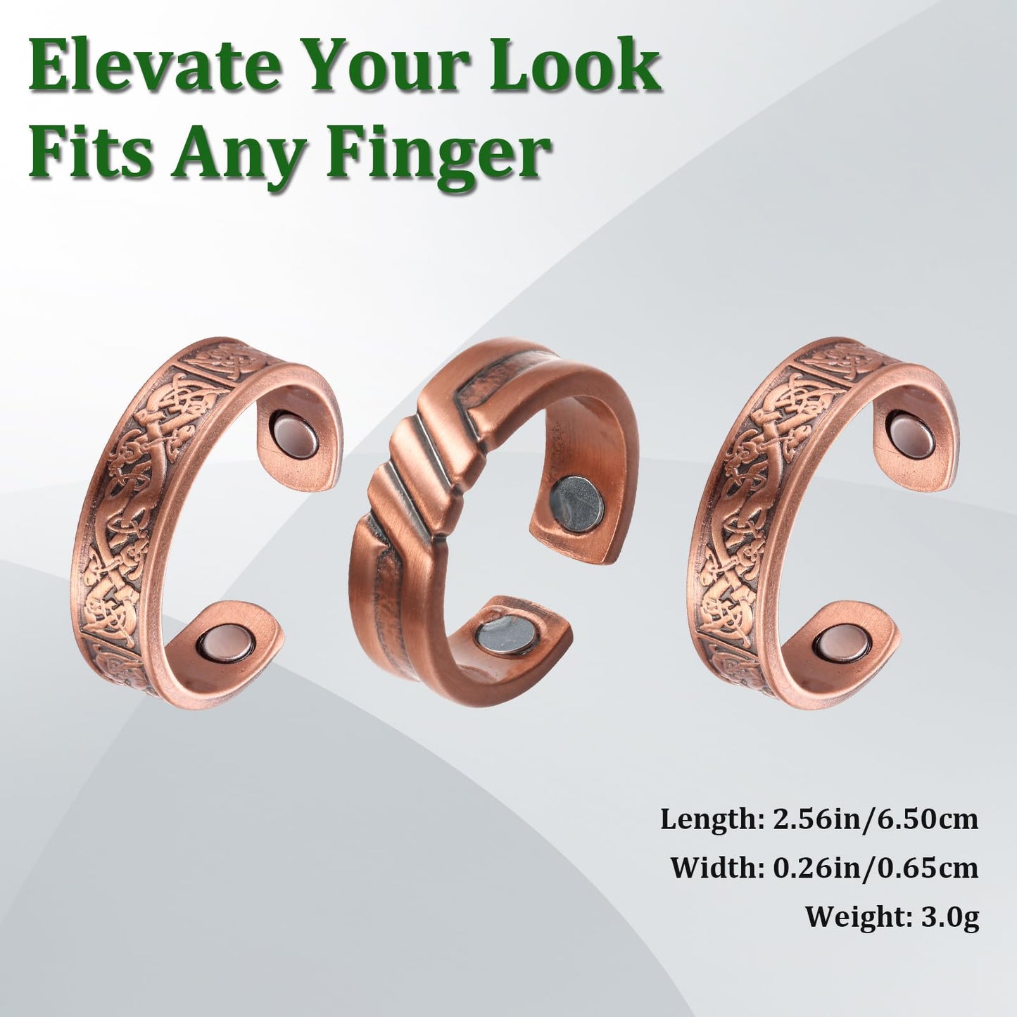 Fashtour 3 Copper Rings for Men, 99.99% Solid Pure Copper, 3pcs 3500 Gauss #9 Rings Vintage Pattern Adjustable Cuff Ring