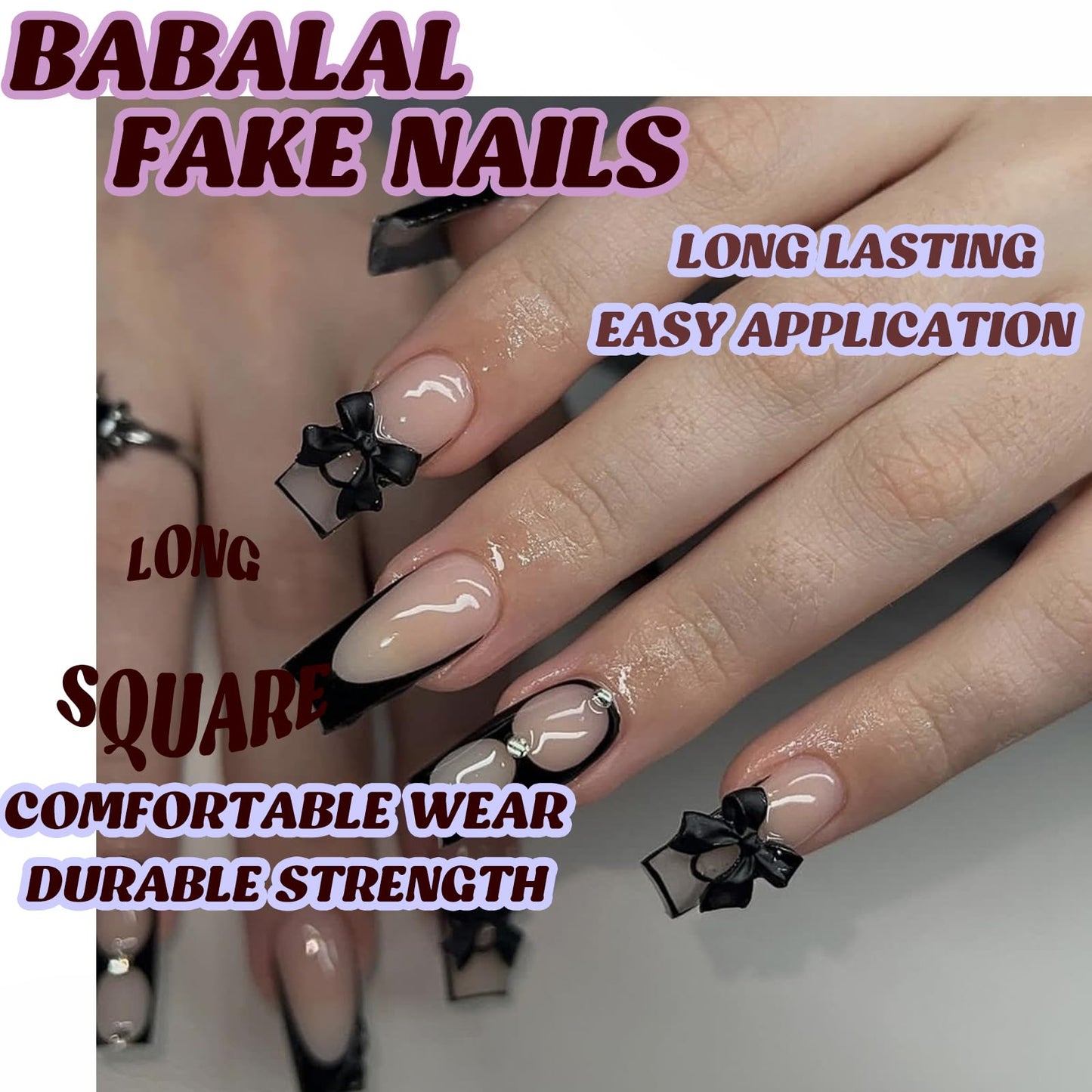 BABALAL Medium Square Press on Nails, Black French Tip Bow Goth Design Handmade Thick Full Cover Acrylic Squoval Glue on Nails 24 Pieces