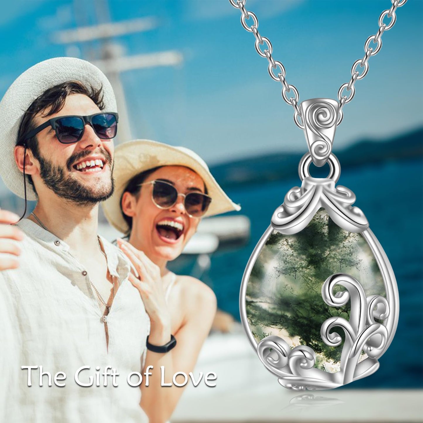 POPLYKE Sterling Silver Moss Agate Filigree Teardrop Pendant Necklace Gemstone Crystal Jewelry for Women