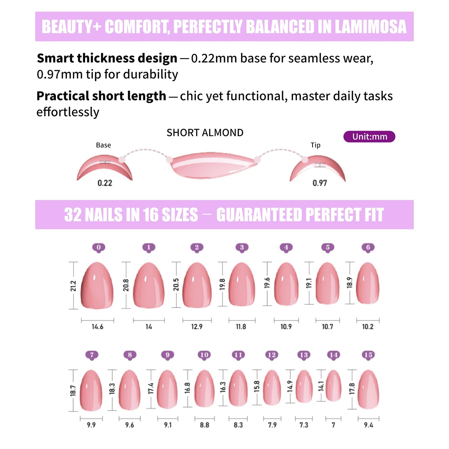 LAMIMOSA 32Pcs Black French Tip Press on Nails Short Almond - Soft Gel Fake Nails in 16 Sizes, Reusable Semi-Transparent Glue on Nails Kit, BLACK FRENCH