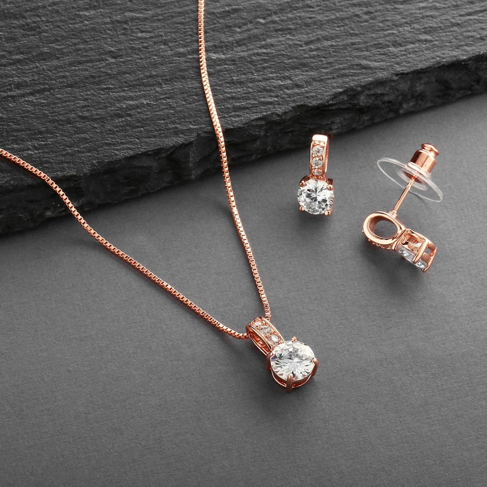 Mariell 14K Rose Gold Plated Round-Cut Cubic Zirconia Necklace Earrings Set for Brides, Bridesmaids & Everyday Wear