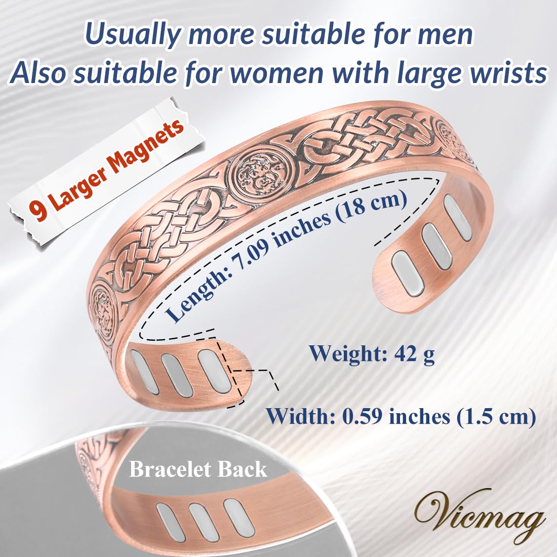 Vicmag Copper Bracelet for Men 9X Strength Magnetic Bracelet Men 99% Pure Copper with 5000 Gauss Magnets, Present Box Adjustable(Celtic Knot 2)
