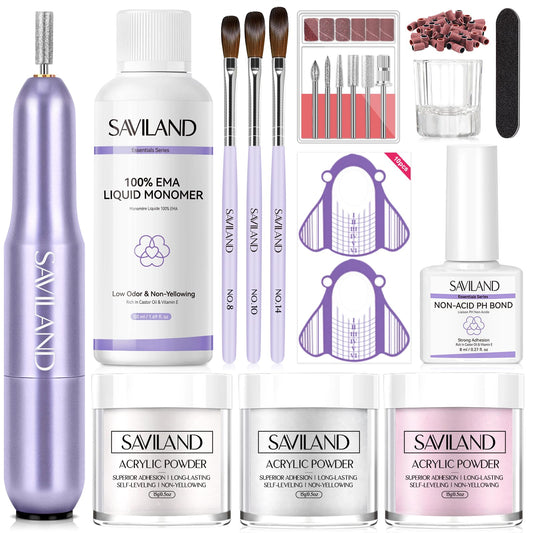 SAVILAND Acrylic Nail Kit with Drill: Beginner Nail Kit with Keratin Colored Acrylic Nail Powder, MMA-free Monomer Liquid, Primer, Brushes, Forms & Tools for DIY Nail Art Extension Home Use