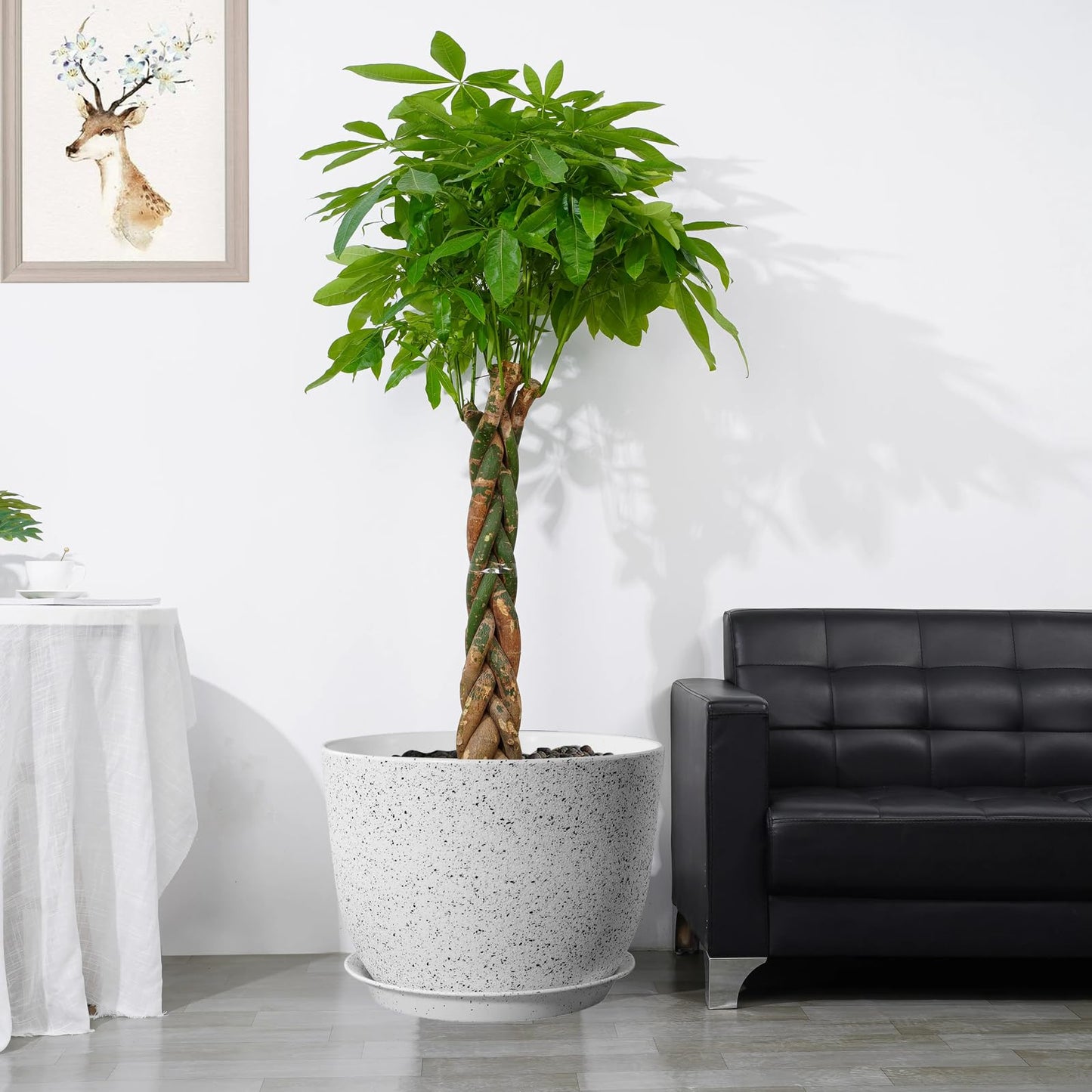 UOUZ 12/10/9 Large Modern Plant Pots, Plastic Planters with Drainage Holes and Saucers for Indoor Outdoor Plants Flowers, White Speckles