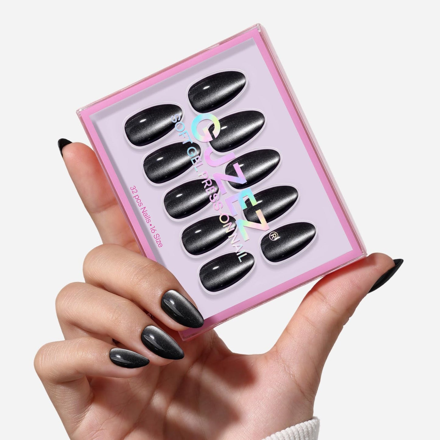 Black Cat Eye Press On Nails Short - GJZEZ Soft Gel Almond Galaxy-Like Shimmer Cool Goth Press On Nails for Women, Winter Halloween Stick On Nails in 16 Sizes - 32PCS Reusable Glue On Nails, Ink Noir