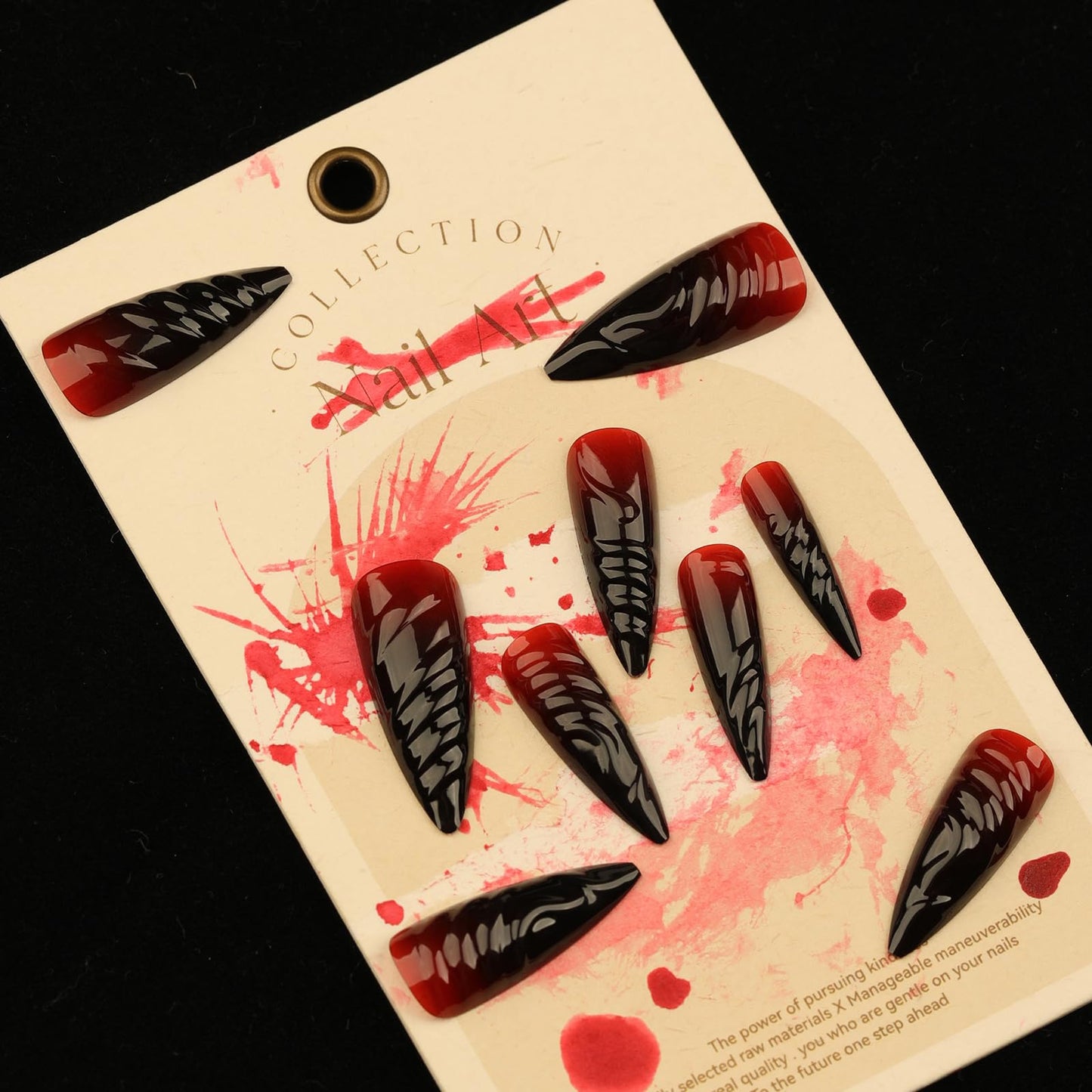 MISUD Press on Nails - Long Stiletto Glue on Nails with Goth Red Black, Acrylic Gothic Vampire Design 24 pcs