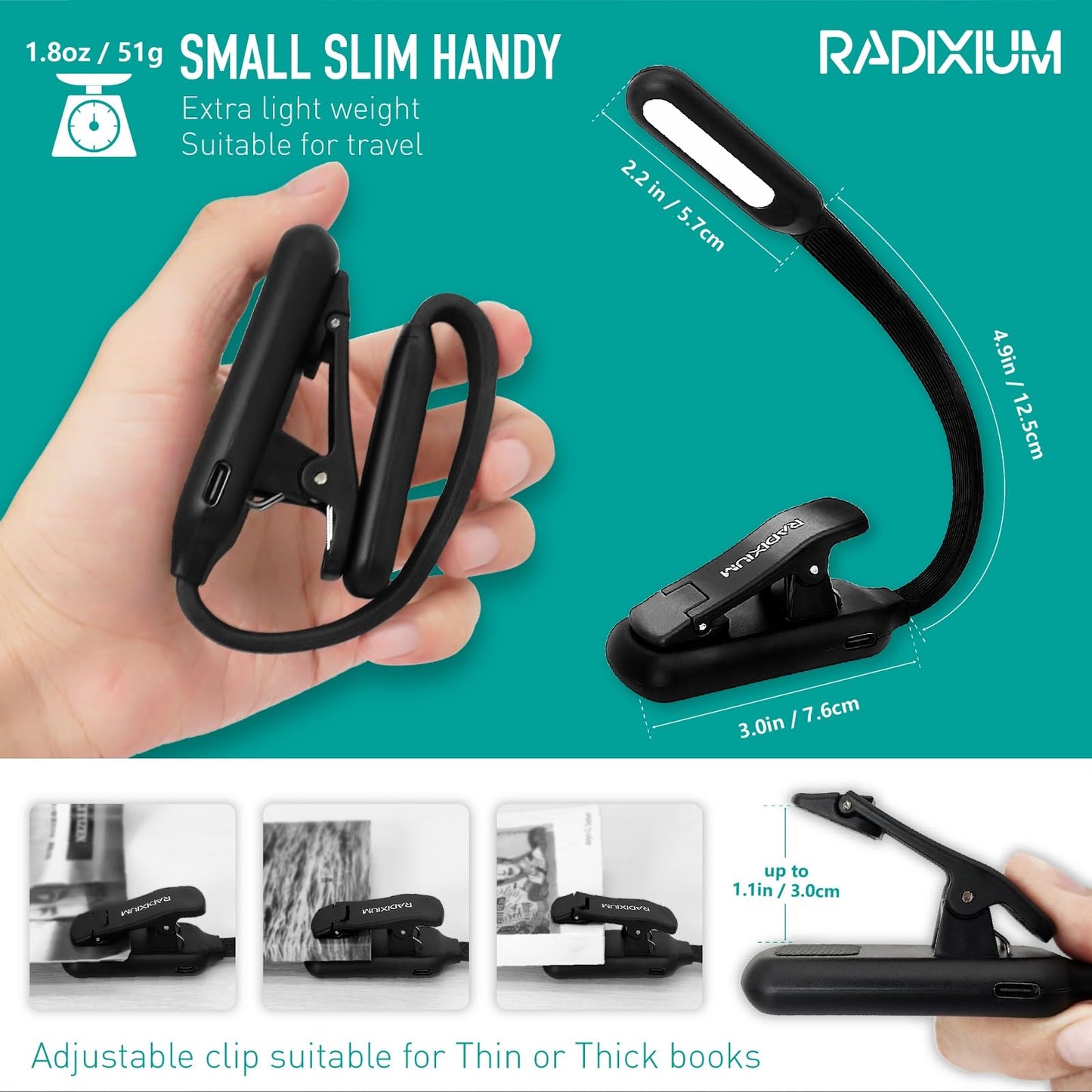 RADIXIUM Rechargeable Book Light for Reading - 9LED Eye-Caring Clip Light w/ 9 Color Temp, Stepless Dimming, 50H Battery, USB-C, Ultra Slim - Gift for Book Lovers (Black)