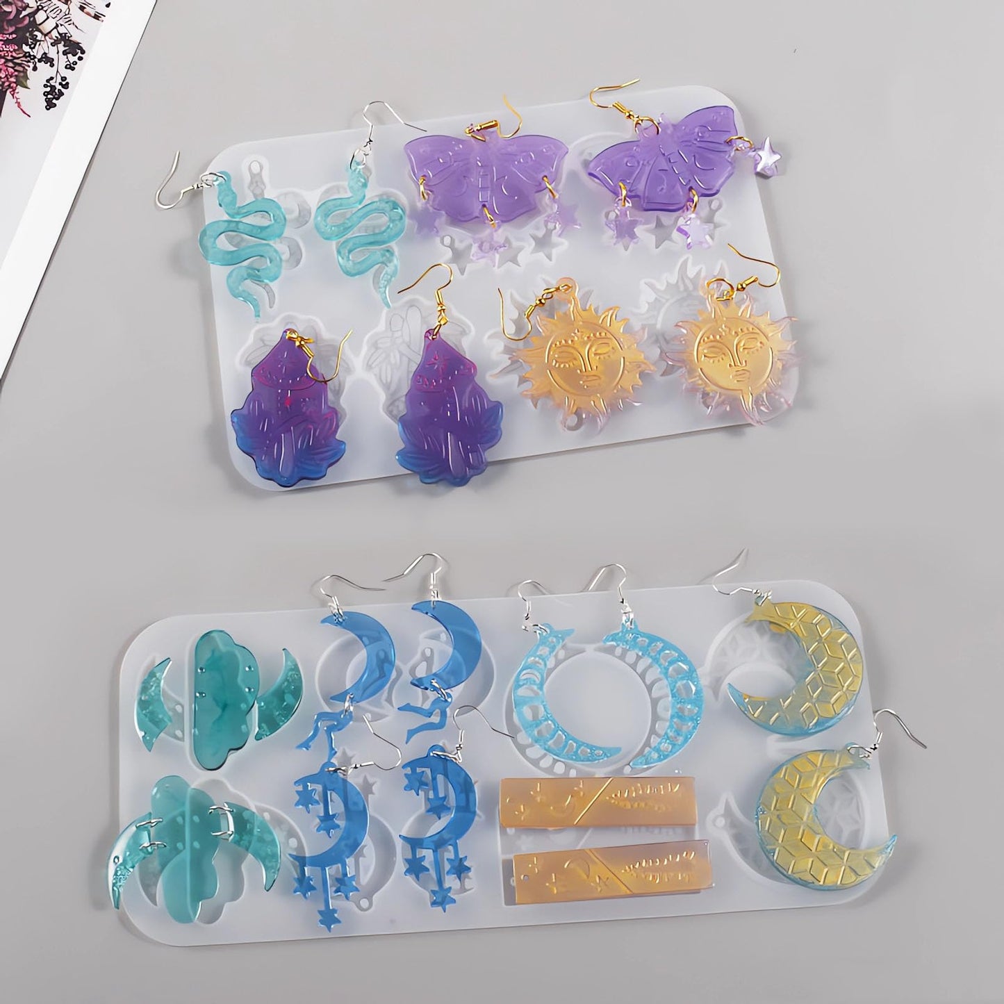 Szecl 3Pcs Moon Star Earring Silicone Mold with Hole 36 Cavities Astral Butterfly Snake Astronomy Cloud Sun Shape Resin Casting Mold Keychain Necklace Pendant Handmade DIY Craft Jewelry Making Tool