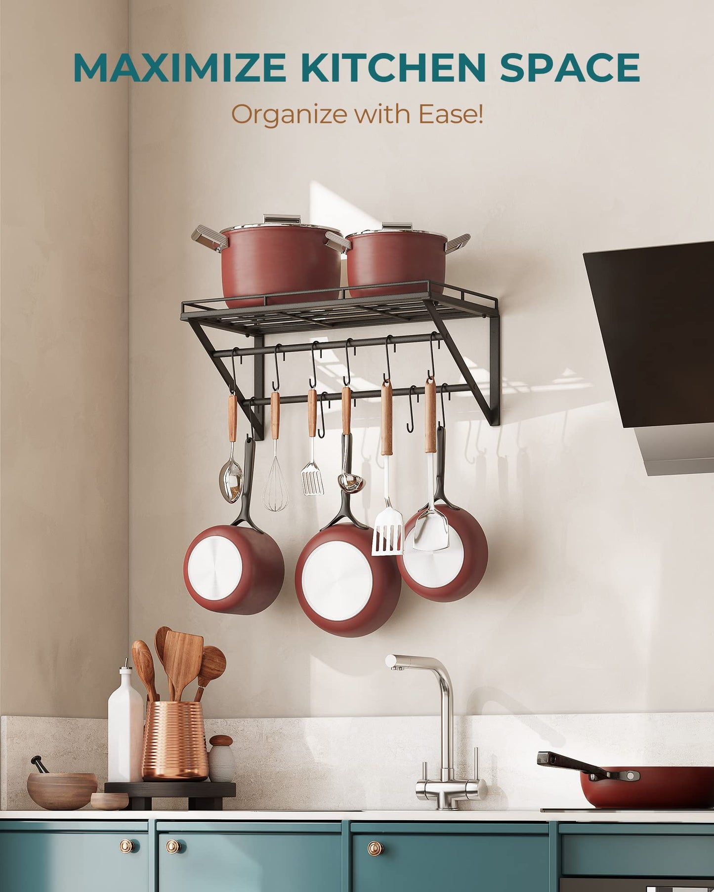 OROPY 23 Inch Wall Mounted Pot Rack Storage Shelf with 2 Tier Hanging Rails 12 S Hooks included, Ideal for Pans, Utensils, Cookware, Plant Black