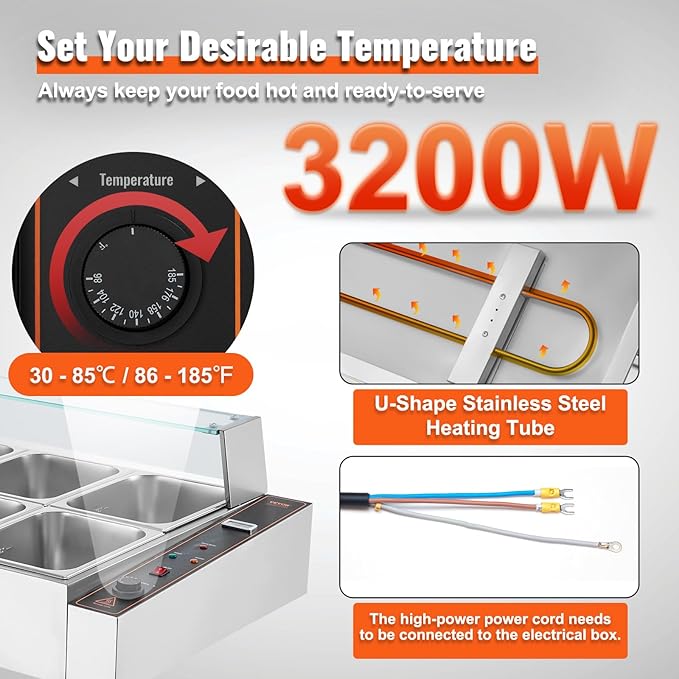 VEVOR 10-Pan Commercial Food Warmer, 10 x 12QT Electric Steam Table with Glass Cover, 3200W Countertop Stainless Steel Buffet Bain Marie w/Thermometer 86-185°F Temp Control for Catering, Restaurants